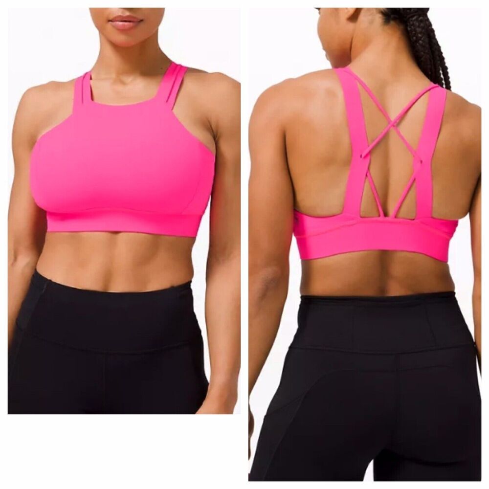 Lululemon Sports Bra Women 8 Pink Strong at Heart High Neck Cross Back C/D Cup